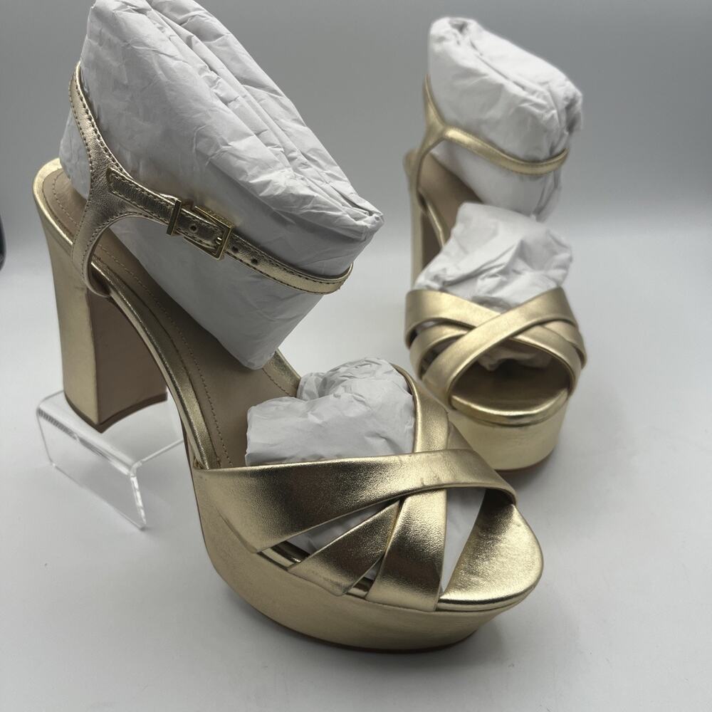 Schutz Women Platform Heel 6.5B Gold Leather Sole Ankle Strap Cocktail Shoes NIB - Picture 7 of 16